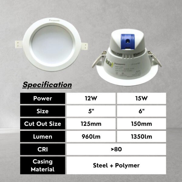 Panasonic Recessed LED Downlight 5" 6" Round 12W 15W (WARMWHITE), (DAYLIGHT) Anti Glare Bright Ceiling Light
