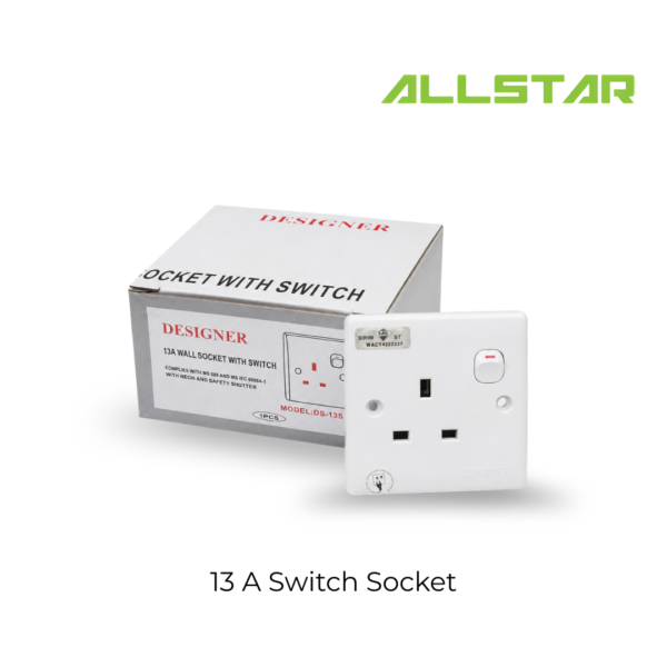 DESIGNER 13A SWITCH SOCKET CHINT New7G 13A 250V 1 Gang 3 Pin Switch Socket with Indicator Light (DS-8019)