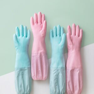 CHA HUA Waterproof Household Cleaning Gloves Anti-Slip Durable Long Sleeve Kitchen Dishwashing Gloves (Blue/Pink)
