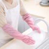 CHA HUA Waterproof Household Cleaning Gloves Anti-Slip Durable Long Sleeve Kitchen Dishwashing Gloves (Blue/Pink)