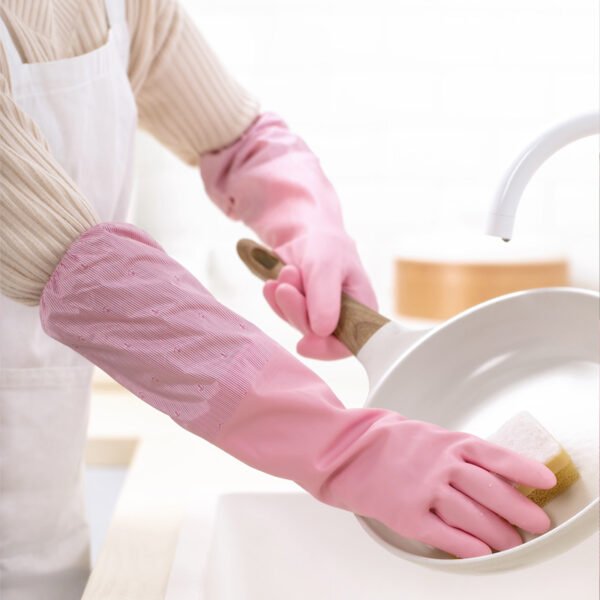 CHA HUA Waterproof Household Cleaning Gloves Anti-Slip Durable Long Sleeve Kitchen Dishwashing Gloves (Blue/Pink)