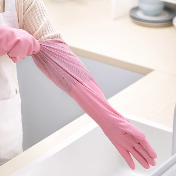 CHA HUA Waterproof Household Cleaning Gloves Anti-Slip Durable Long Sleeve Kitchen Dishwashing Gloves (Blue/Pink)