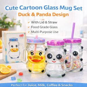 Cute Cartoon Glass Mug with Lid & Straw Duck Panda Drinking Jar Coffee Milk Cup Kids Gift