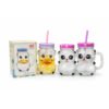 Cute Cartoon Glass Mug with Lid & Straw Duck Panda Drinking Jar Coffee Milk Cup Kids Gift