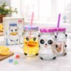 Cute Cartoon Glass Mug with Lid & Straw Duck Panda Drinking Jar Coffee Milk Cup Kids Gift