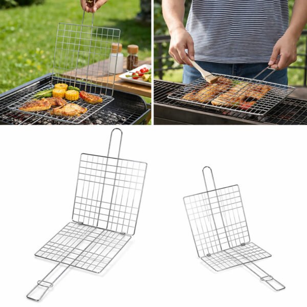 69f82c144e69e_1777871892.jpg Stainless Steel BBQ Grill Rack 47x25cm Heavy Duty Grilling Basket with Handle Portable Outdoor Barbecue Tool