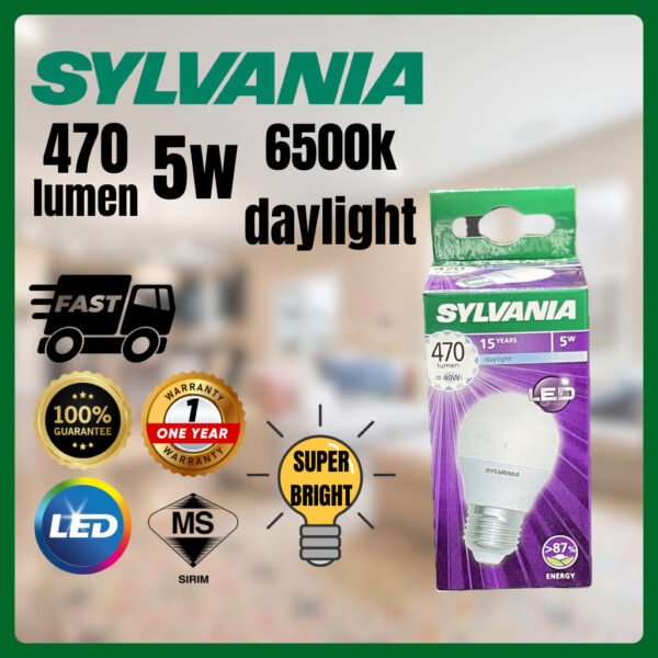 69f82c1ed2542_1777871903.jpg **SYLVANIA 5W LED Bulb E27 Socket – 470 Lumens, 6500K Daylight**