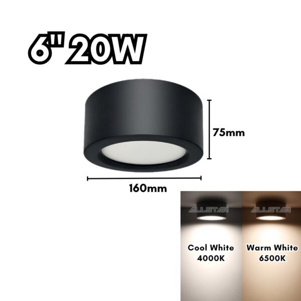 Surface Mount 20W/28W  6"/7" Black Frame Lampu LED Surface Downlight Lampu Siling Daylight Cool White
