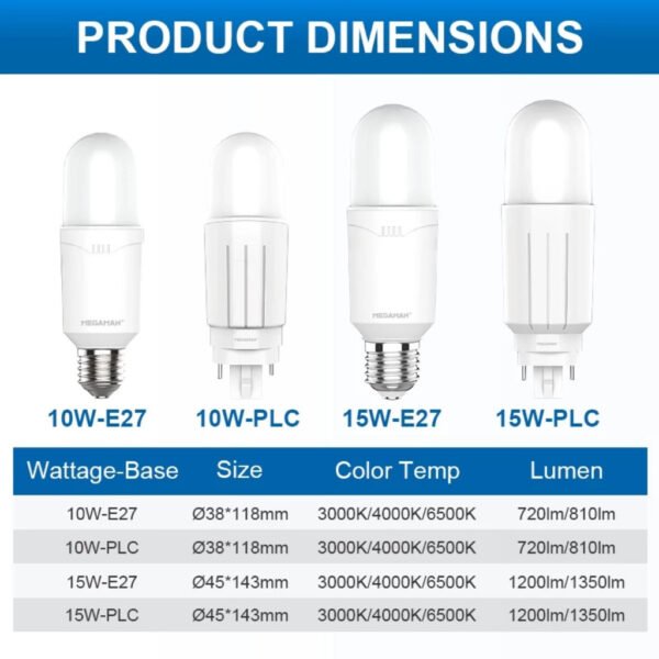69f82c28d5157_1777871912.jpg Megaman E27 PLC LED Stick Light Bulbs 10W Ultra Bright Eye Care Energy Saving Home (3000K/4000K/6500K)