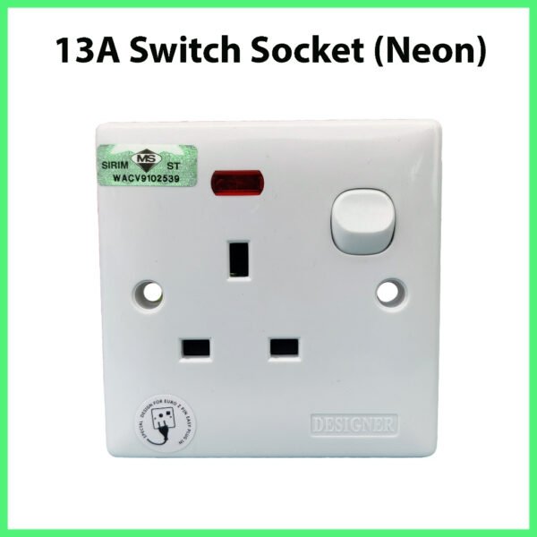69f82c2dcdd07_1777871917.jpg 3A 3 Pin Switch Socket 13A Switches Wall Switch Wall Socket Soket Dinding 3 pin socket (13A Socket Neon)