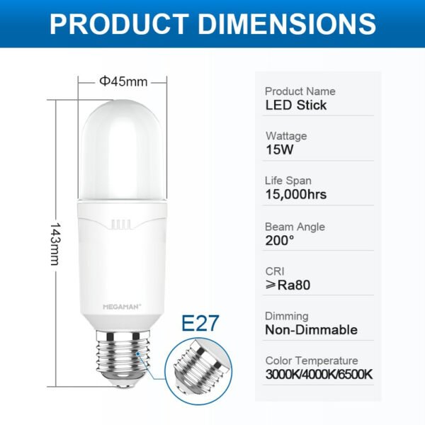 Megaman LED Stick Light Bulbs Ultra Bright Eye Care Energy Saving Home (15W/3000K/4000K/6500K) E27
