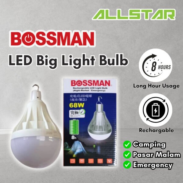 69f82c3f915e5_1777871935.jpg Bossman USB Rechargeable LED Light Bulb 68W BREL-68 Lampu Cas Pasar Malam LED Lampu Gantung Lampu Emergency Rumah