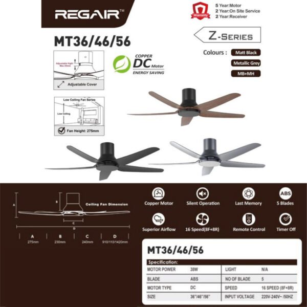 【Designer's First Choice】REGAIR MT36" 46" 56" DC Motor Ceiling Fan With Light 5B-16S-8889CFM