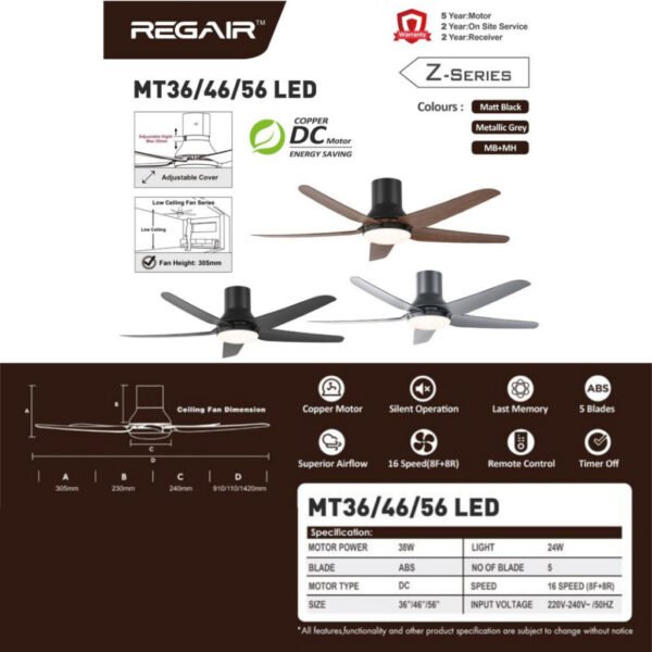 【Designer's First Choice】REGAIR MT36" 46" 56" DC Motor Ceiling Fan With Light 5B-16S-8889CFM