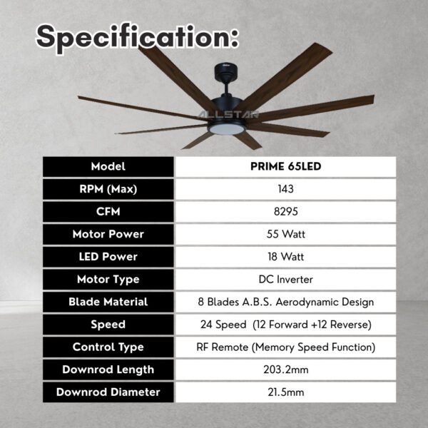 DEKA+ PRIME 65'' 8 Blades 24 Speeds with Remote Control DC Motor 18W LED Ceiling Oak Kipas Siling