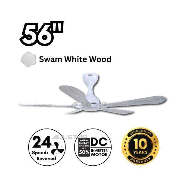 DEKA+ HELI 56'' 5 Blades 14 Speeds +TURBO with Remote Control DC Motor Swan White Wood /Titanium Black Wood Kipas Siling