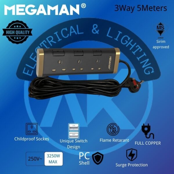 MEGAMAN TRAILING SOCKET SURGE & NEON (4G +2USB +1TYPE C) Extension Socket with Individual Switch & Neon HEAVY DUTY