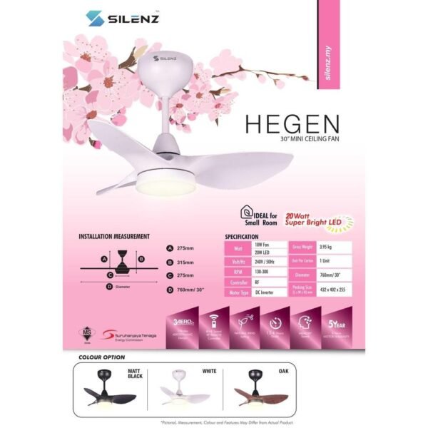 SILENZ HEGEN 30" DC Motor Remote Mini LED Ceiling Fan (Matt Black/White/Oak) (5 Years Warranty)