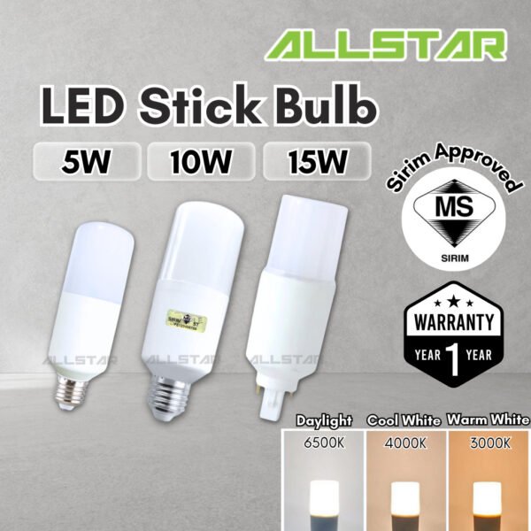 【SIRIM】LED Stick Bulb 10W 15W 5W E27 PLC 3000K Warm Light 6500K Daylight Bulb Mentol Lampu Energy Saving
