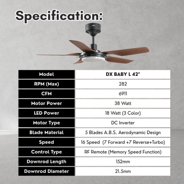 Deka DC Motor LED Baby Fan 42" DX BABY With 16 Speed Selection & Light Dark Wood Decorative Ceiling Fan