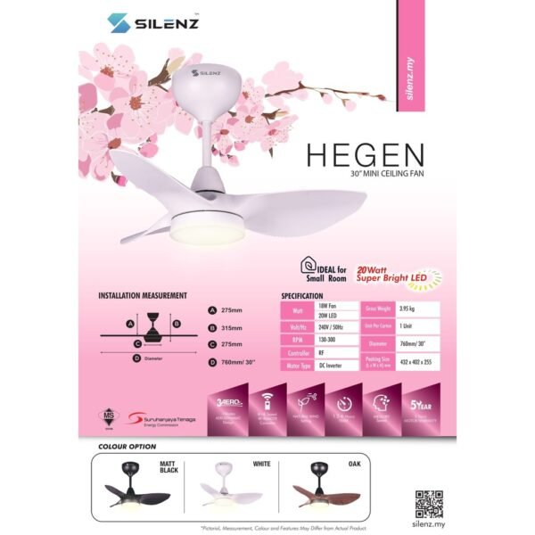 SILENZ HEGEN 30" DC Motor Remote Mini LED White Ceiling Fan (5 Years Warranty)