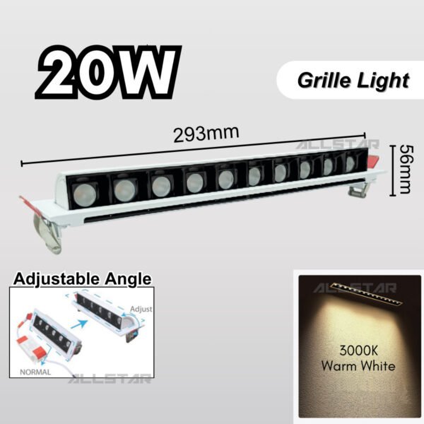 Recessed Grille Light Adjustable Ceiling Spotlight 10W 20W 3000K 4000K