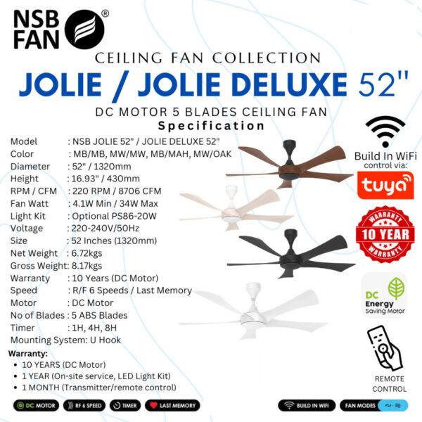69f82c75c9568_1777871989.jpg NSB FAN | JOLIE 52 Inches 5 Blade ABS DC Motor 6 R/F Speeds Remote Control Designer Ceiling Fan