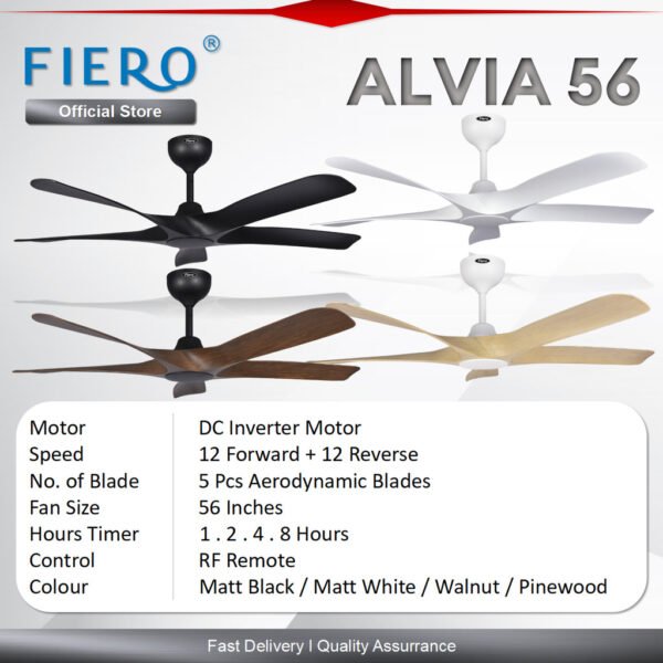 Fiero ALVIA / ALVIA LED 5 Blades 56" DC Motor Ceiling Fan with 24 Speeds Remote Control - Black/White/Pinewood/Walnut