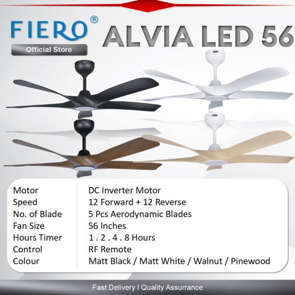 Fiero ALVIA / ALVIA LED 5 Blades 56" DC Motor Ceiling Fan with 24 Speeds Remote Control - Black/White/Pinewood/Walnut