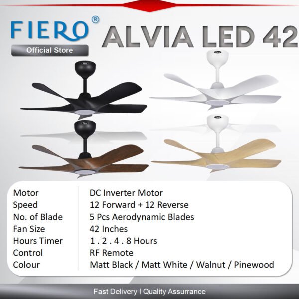 Fiero ALVIA / ALVIA 42" LED 5 Blades DC Motor Ceiling Fan with 24 Speeds Remote Control - Black/White/Pinewood/Walnut