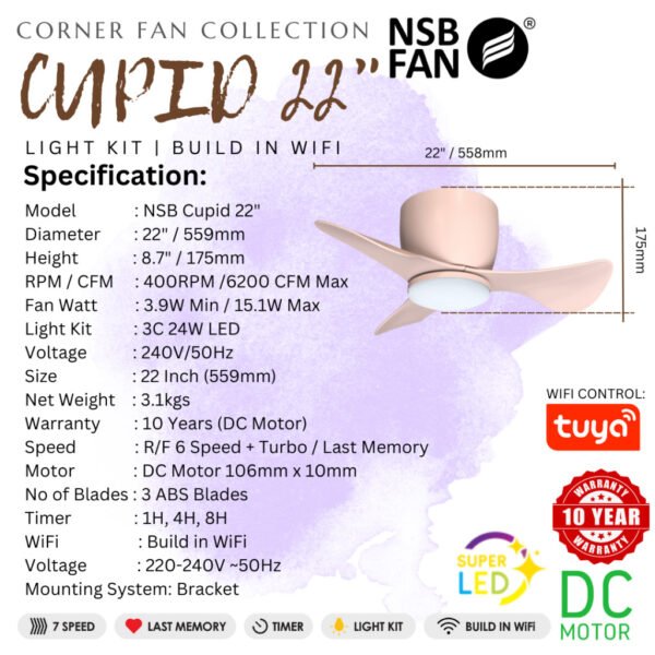 69f82c7951828_1777871993.jpg NSB Cupid 22-Inch Ceiling Fan with LED Light Kit and WiFi Control, 3-Blade DC Motor 6-Speed Remote