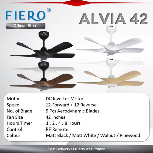 Fiero ALVIA / ALVIA 42" LED 5 Blades DC Motor Ceiling Fan with 24 Speeds Remote Control - Black/White/Pinewood/Walnut
