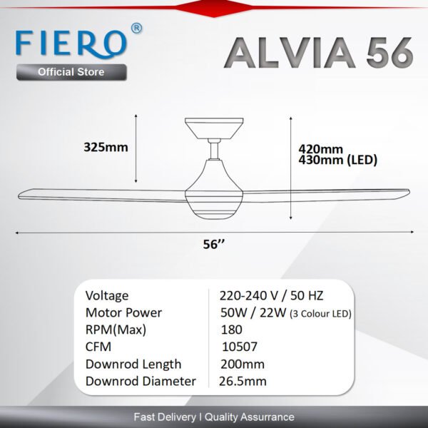 Fiero ALVIA / ALVIA LED 5 Blades 56" DC Motor Ceiling Fan with 24 Speeds Remote Control - Black/White/Pinewood/Walnut