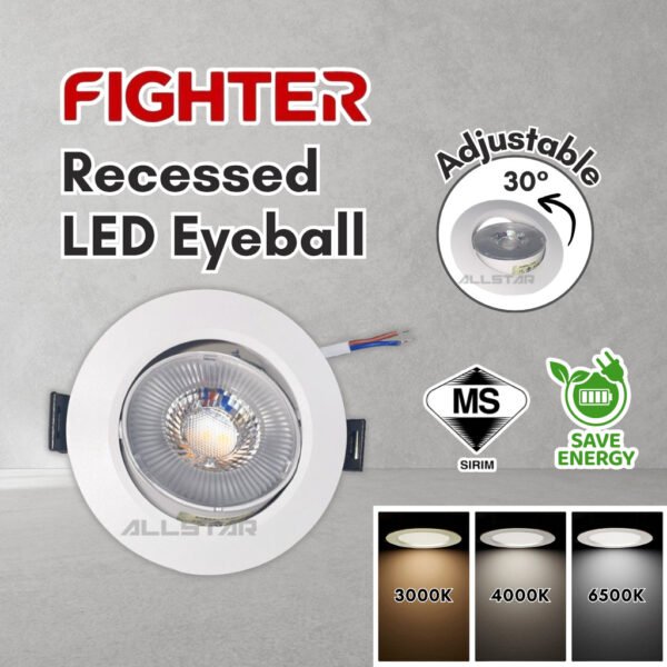 69f82c7a92bbd_1777871994.jpg FIGHTER 3W 7W Led Eyeball Recessed Downlight Spotlight Round 3000K 4000K 6500K Ceiling Spot Light Lampu Siling