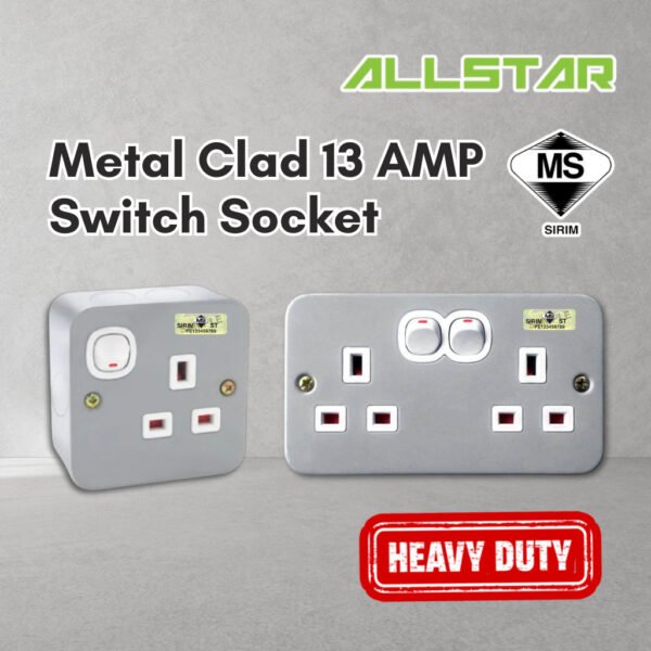 13AMP Metal CLAD SINGLE 1 Gang OR DOUBLE 2 Gang SWITCH SOCKET 3 PIN METAL CLAD