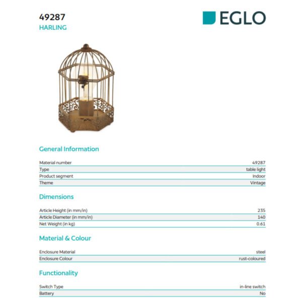 EGLO HARLING Table Lights Vintage Lamp E27 (Table Luminaire; Steel, Rust-Coloured)