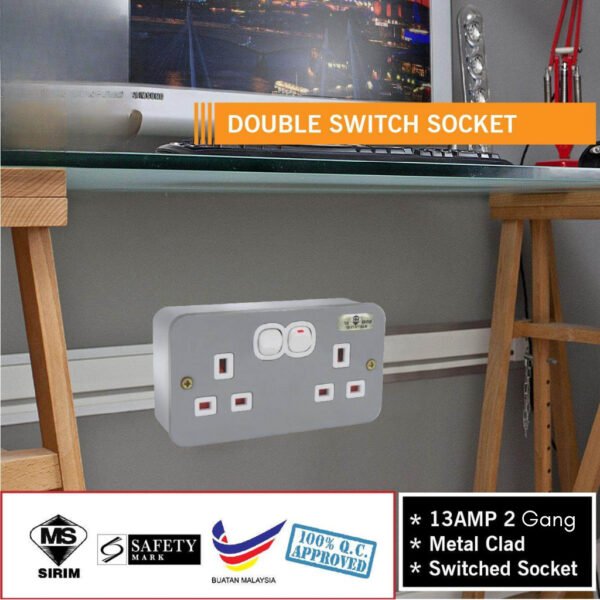 13AMP Metal CLAD SINGLE 1 Gang OR DOUBLE 2 Gang SWITCH SOCKET 3 PIN METAL CLAD