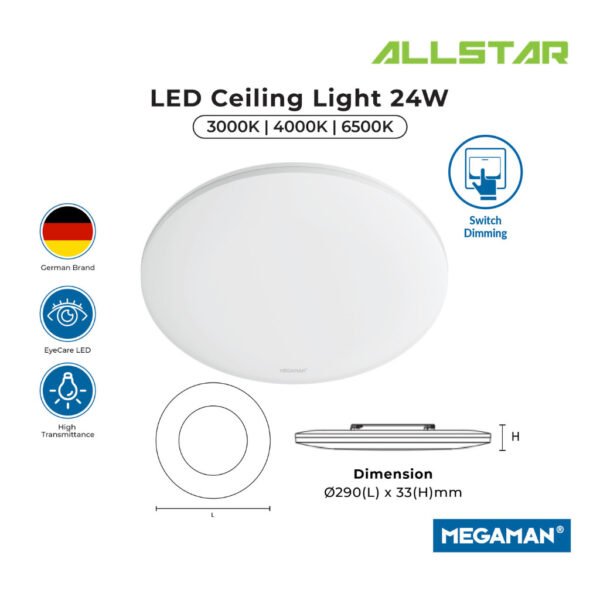 MEGAMAN MXL1075 LED Round Surface Ceiling Light 24W/36W 12"/14" (White) [6500K/3in1 Colour] || Surface Downlight
