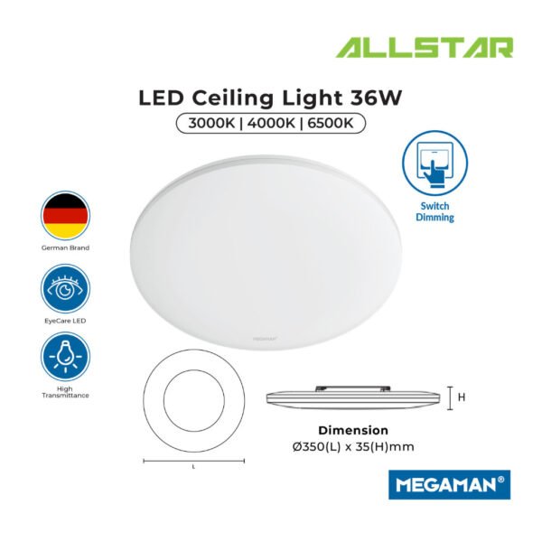 MEGAMAN MXL1075 LED Round Surface Ceiling Light 24W/36W 12"/14" (White) [6500K/3in1 Colour] || Surface Downlight