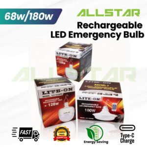 Lite-On LO1801EB LED Rechargeable Emergency Light Bulb CW USB Cable Silver 68W DL-6500K Long Battery Light Outdoor Lamp