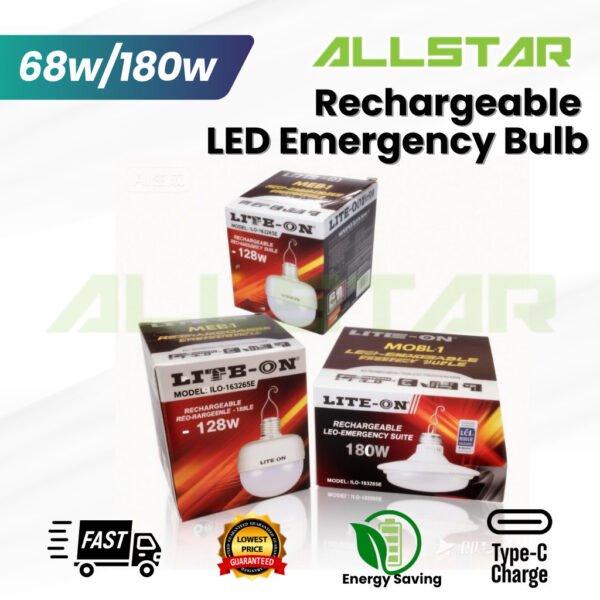 Lite-On LO1801EB LED Rechargeable Emergency Bulb – 68W / 128W / 180W Super Bright DL-6500K + USB Cable
