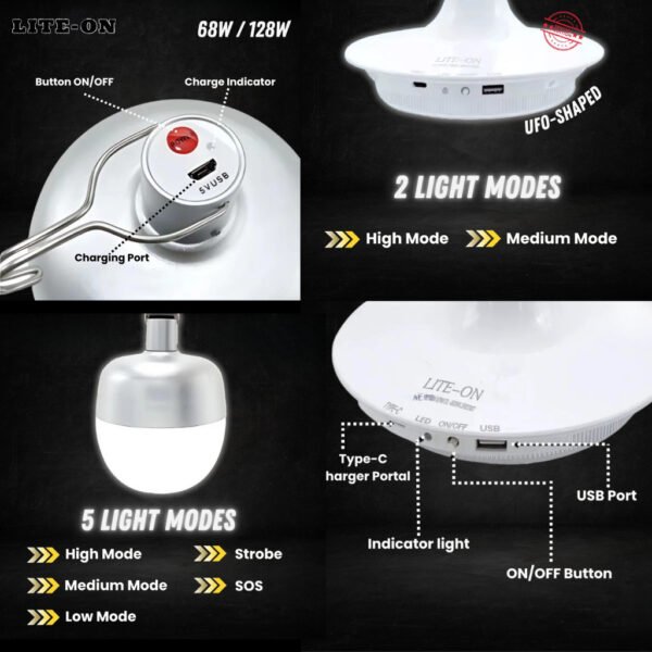 Lite-On LO1801EB LED Rechargeable Emergency Light Bulb CW USB Cable Silver 68W DL-6500K Long Battery Light Outdoor Lamp