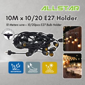 Waterproof 10MTR X10 E27 Lamp Holder Outdoor LED String Light Cafe Garden Weatherproof Hanging Bulb Socket Patio Raya
