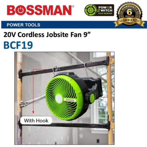 Bossman 9" Cordless Jobsite Fan 20V BCF19 Work Fan Kipas Kerja Bateri dengan Hook & Battery